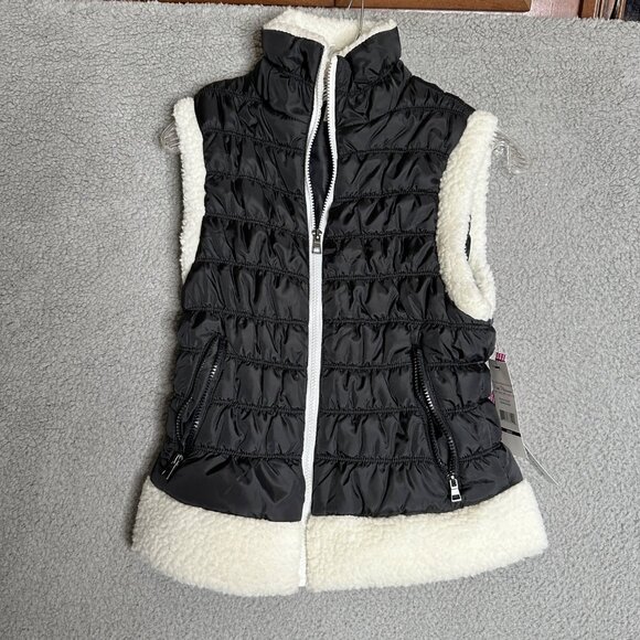 Pink Platinum Puffer Vest Girls Size‎ Small Black White Faux Sherpa Trim Casual - Picture 1 of 11